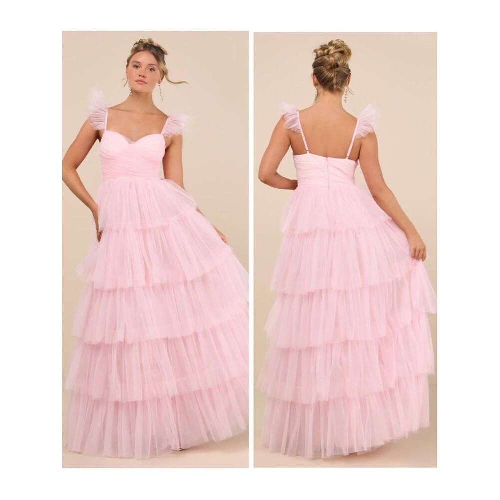 Lulus Fabulous Poise Light Pink Tulle Ruffled Tiered Maxi Dress Size Small NWT